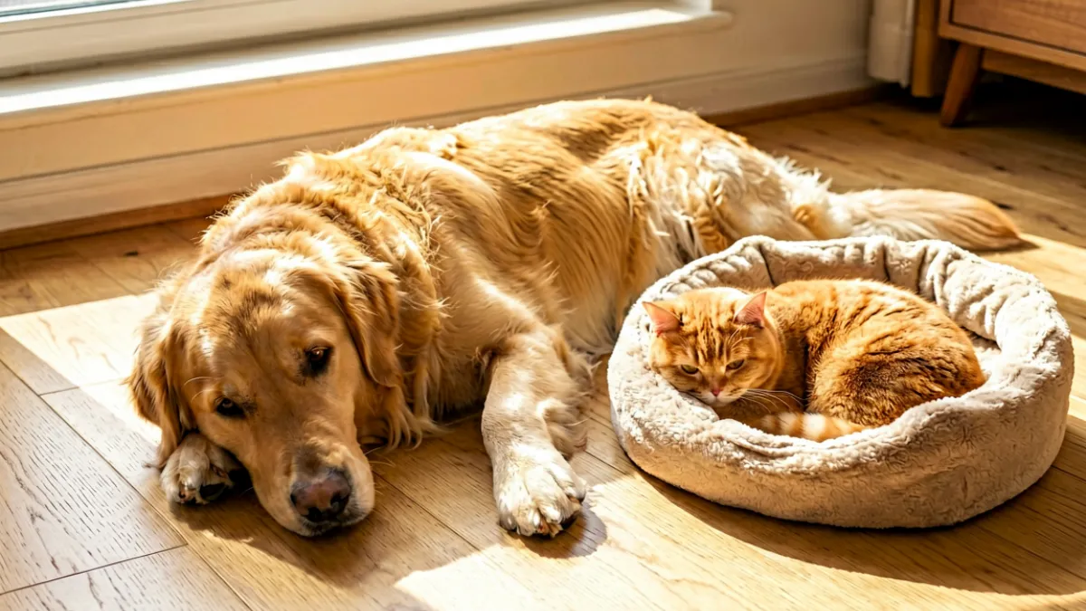 一只金毛犬趴在阳光照射的木地板上，旁边是一只蜷缩的橘猫，两者共同构成一幅适合合租小户型的家庭宠物和谐画面