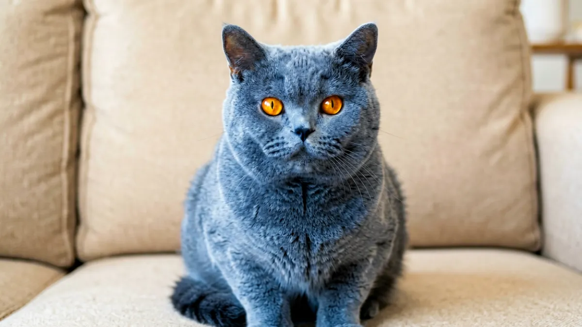 一只英国短毛猫圆润的脸庞正对着镜头，蓝灰色的毛发蓬松柔软，眼睛呈金橙色，安静地坐在浅色布艺沙发上