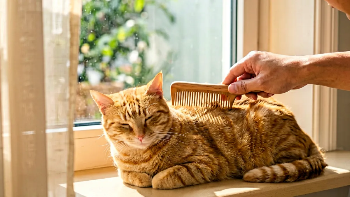 一只橘猫趴在窗台上被主人用宽齿梳轻轻梳理背部毛发，阳光从窗帘缝隙洒进来，画面温馨安静