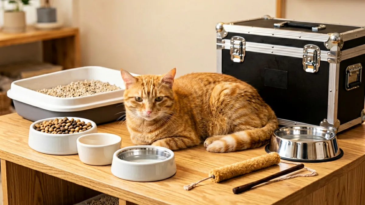 一只橘猫趴在宠物用品展示台上，周围摆放着食盆、猫砂盆、逗猫棒等日常用品，暖光照射下的温馨养宠场景
