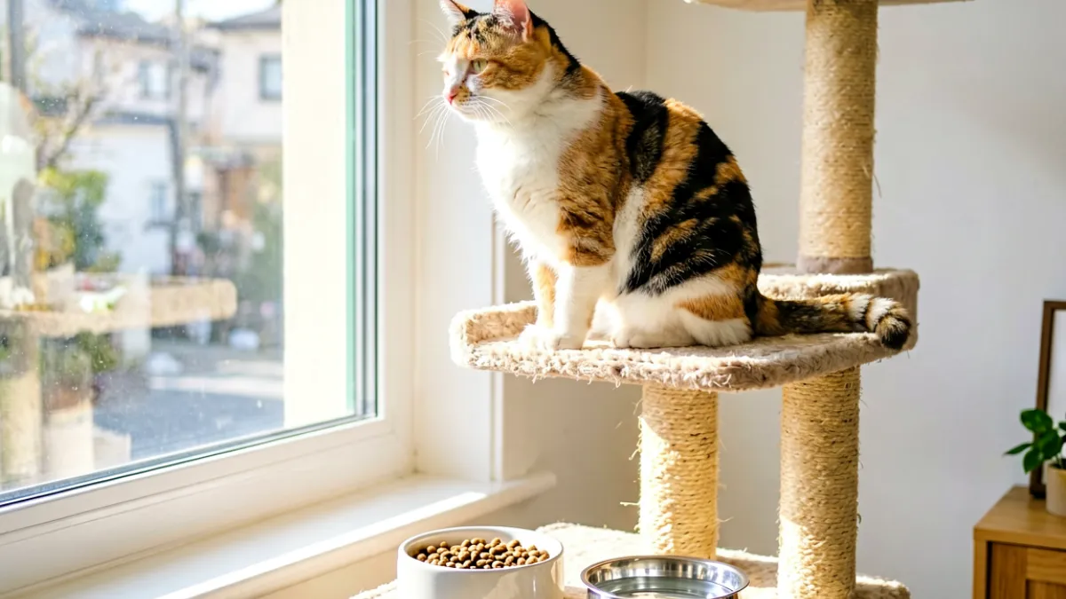 一只三花猫坐在窗边的猫爬架顶层眺望远方，下方有食盆和水碗整齐摆放，阳光照进室内营造安静的居家养宠氛围