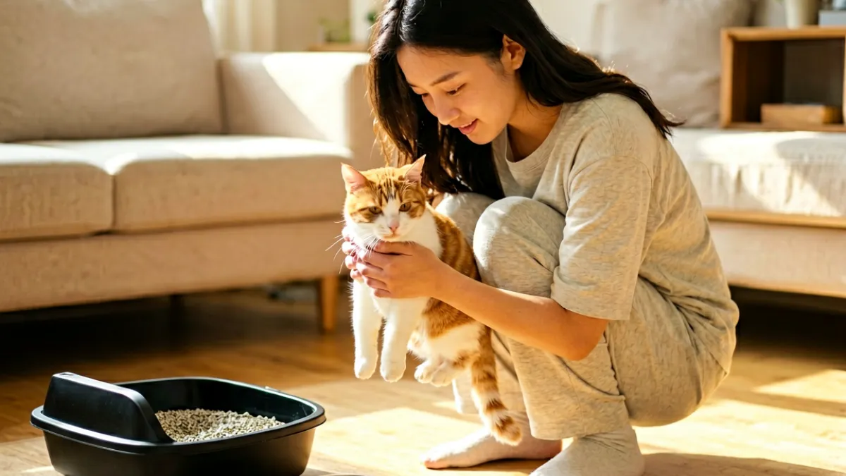 一位年轻女生蹲在客厅地板上，轻轻抚摸一只橘白相间的中华田园猫，阳光从窗户照进来，旁边放着猫砂盆和食盆，画面温暖安静