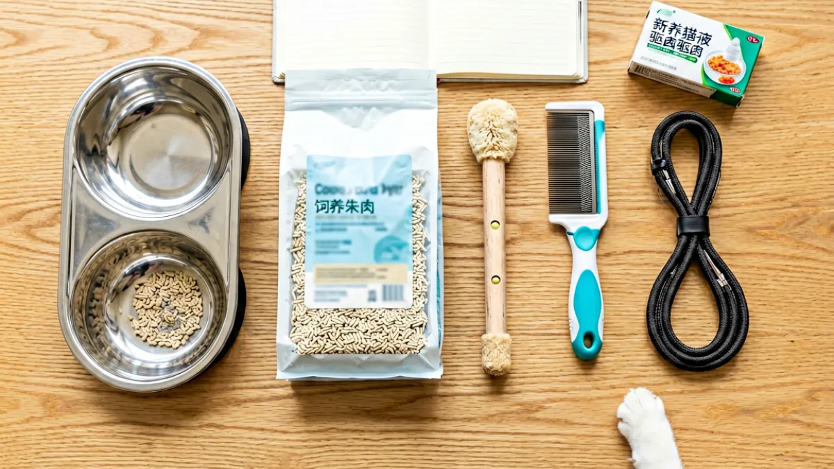 一张木质桌面上整齐摆放着猫狗新手必备物资：不锈钢食盆水盆、猫砂、逗猫棒、宠物梳子、牵引绳、驱虫药和一本记录本，旁边还有一只小爪子探入画面