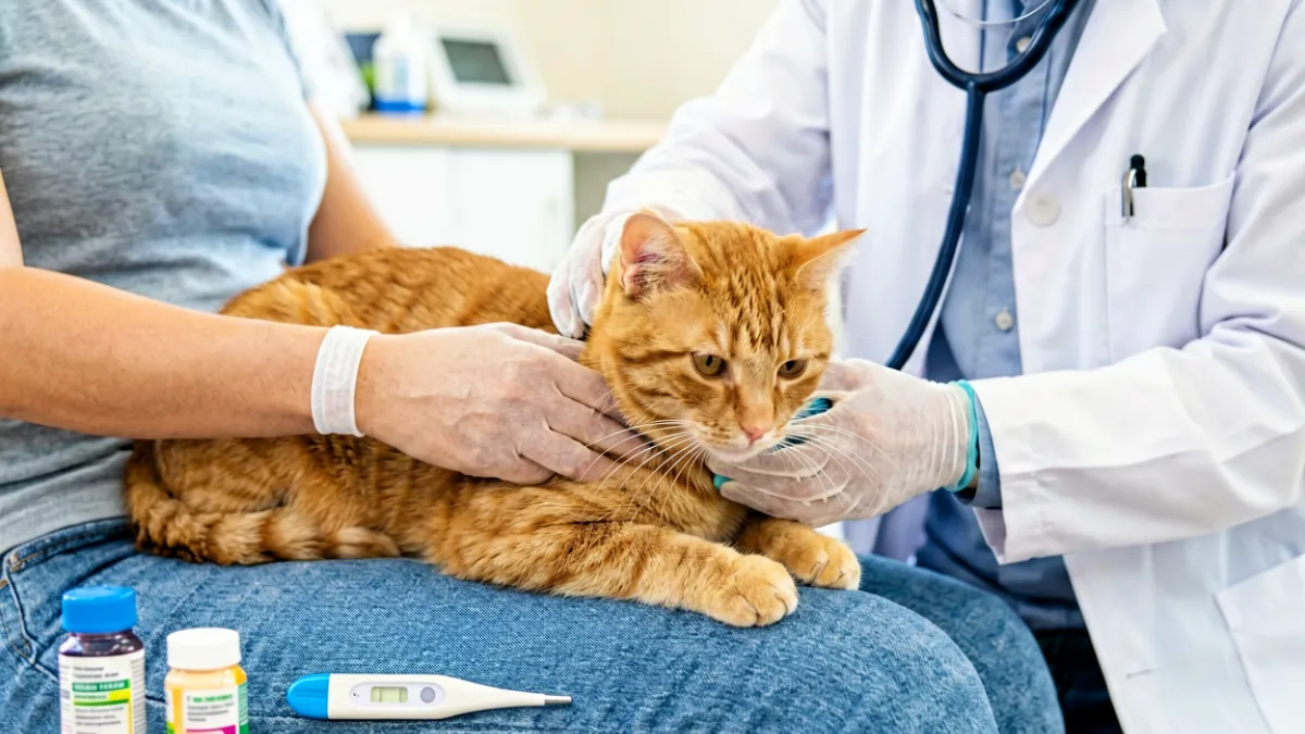 一只橘猫趴在主人膝盖上，兽医正在用听诊器为它做体检，旁边放着体温计和宠物药品，场景温馨专业